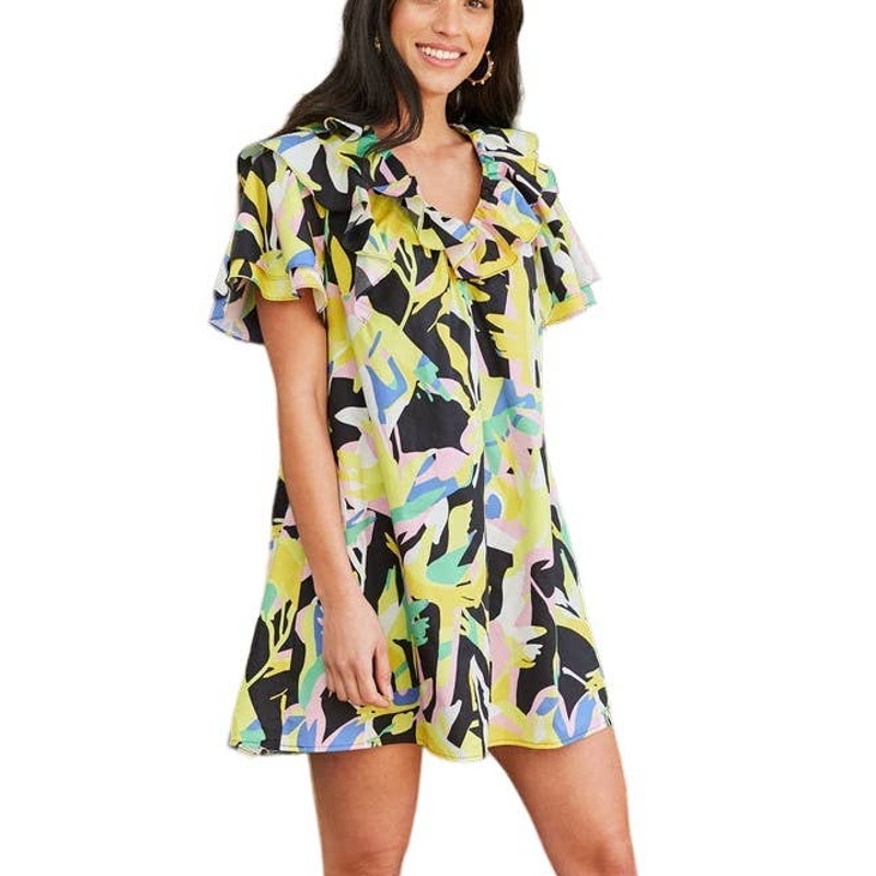 Crosby Isla Colorful Ruffle Short Sleeve V Neck Dress Exotic Tropics Print Xs